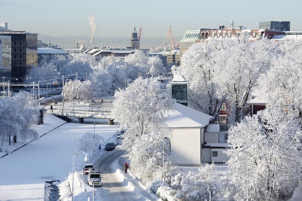 En animerad bild på mänsikor framför ett data center.