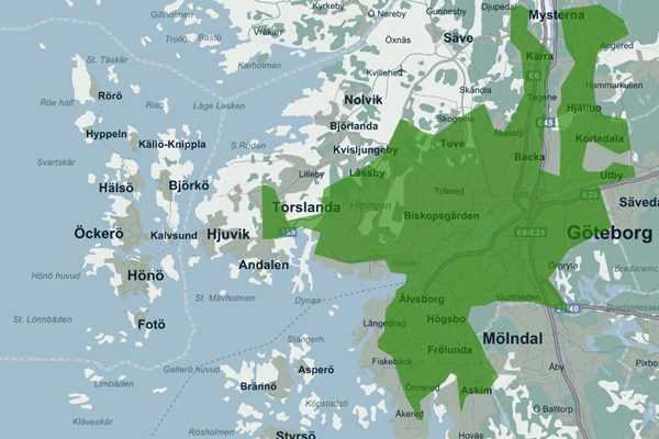 karta som visar områden i Göteborg som är kopplade till fjärrvärme