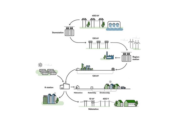 Tecknad bild på flödet av el från produktion till hus.