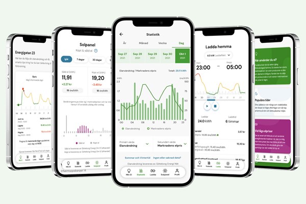 Fem mobilskärmar som visar olika vyer ur appen Göteborg Energi.