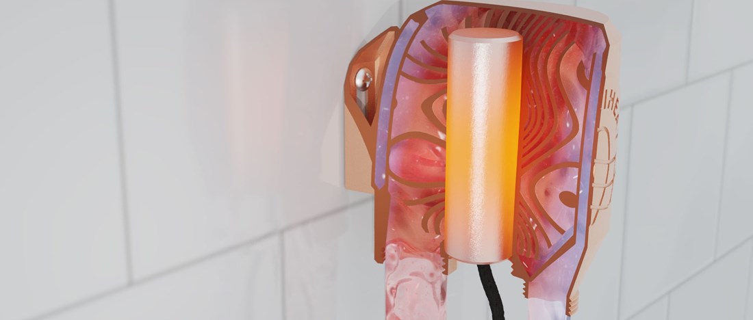 En värmepatron som värmer Bättre Designs produkt, som i sin tur värmer vattnet i en dusch.