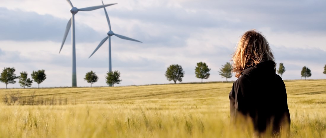 Foto: En person står mitt i ett fält och tittar på ett vindkraftverk i bakgrunden.