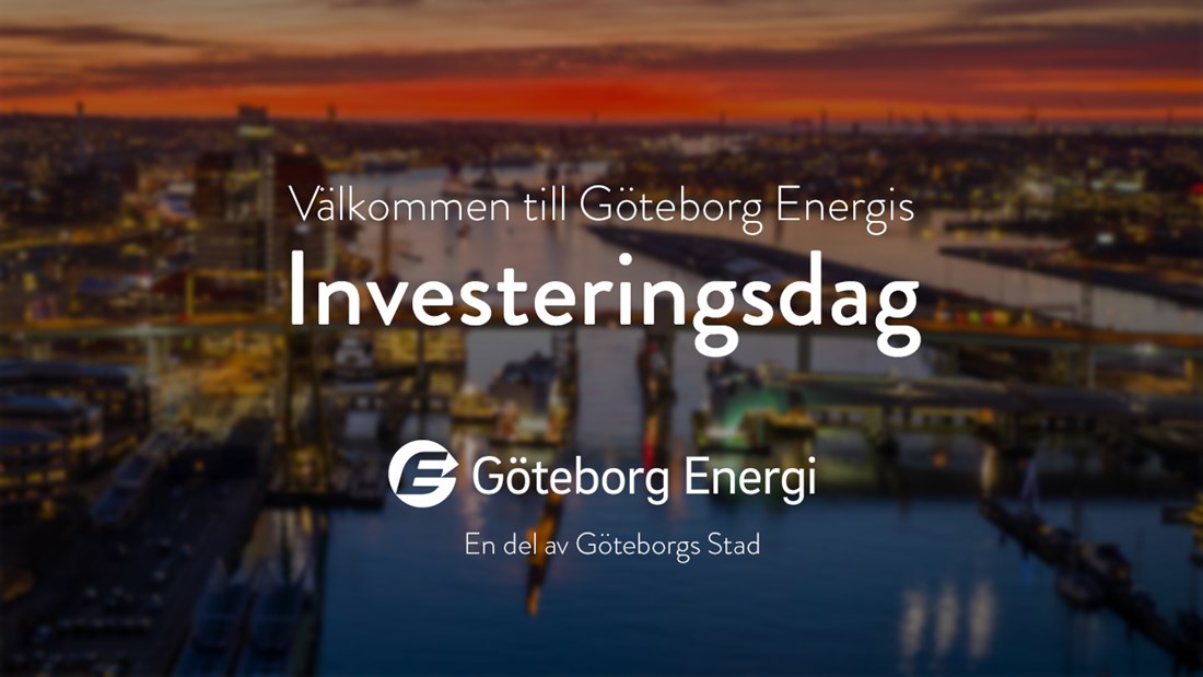 Göteborg i fågelperspektiv i solnedgång. Text: Investeringsdag