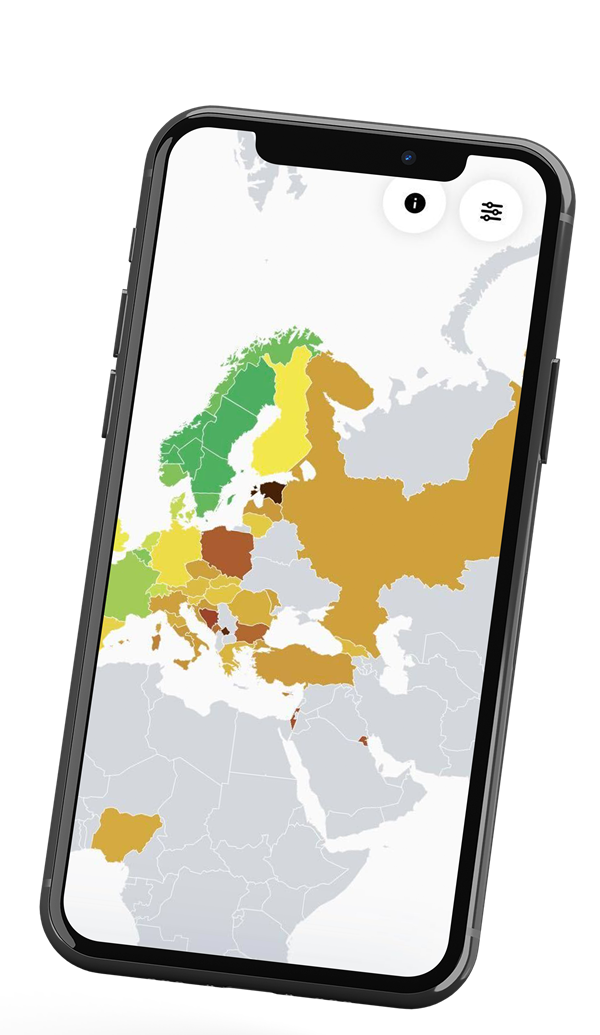 En smartphone med en karta över Europa.