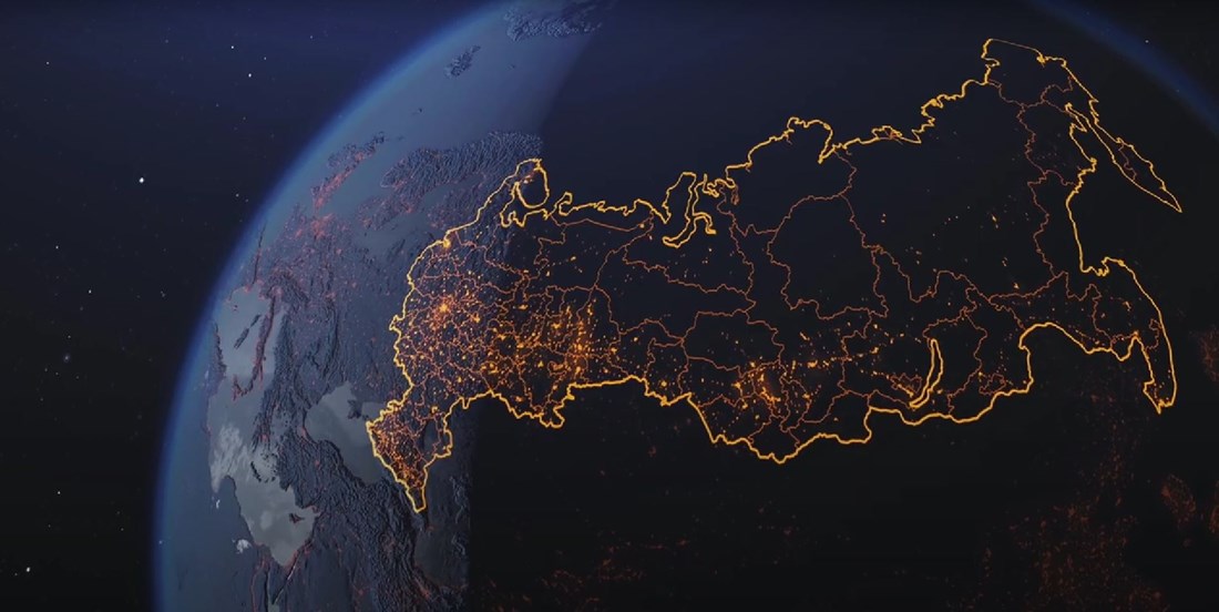 En satellitbild över Jorden med Rysslands gränser markerade.